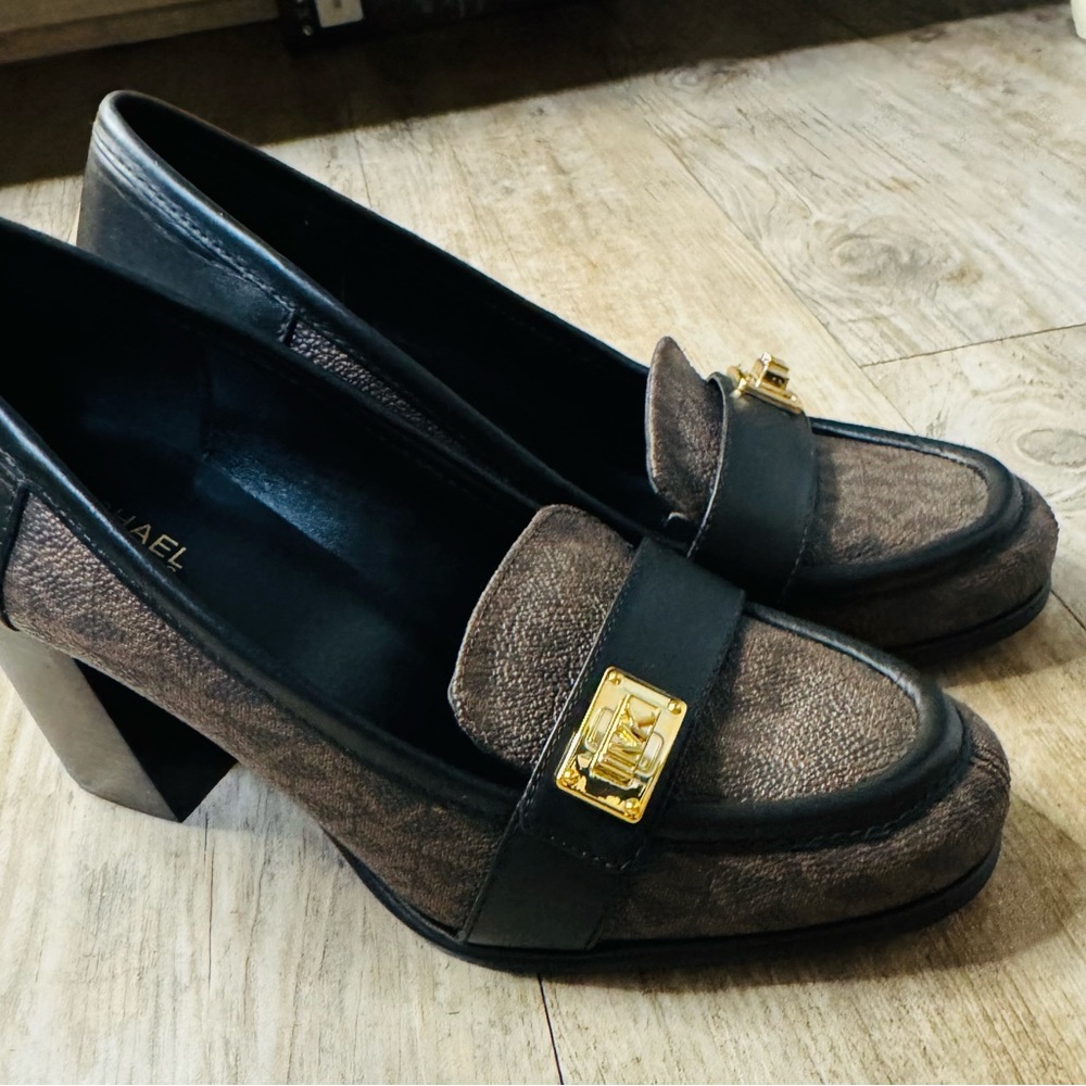 Michael Kors Black and Brown Loafers with Gold Accent
